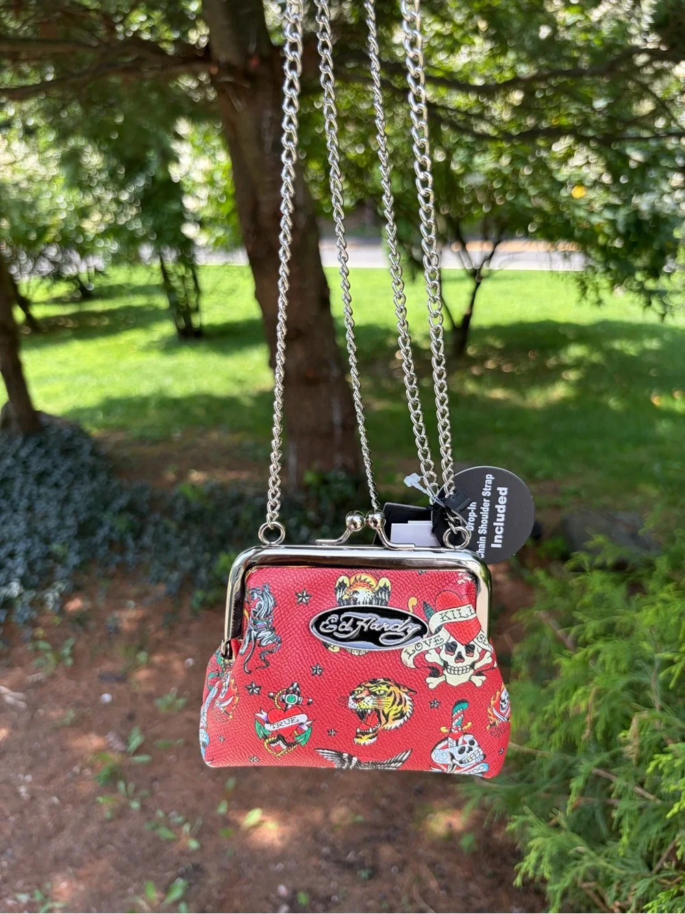 Ed Hardy Red Tattoo-Print Kiss-Lock Shoulder Bag NWT